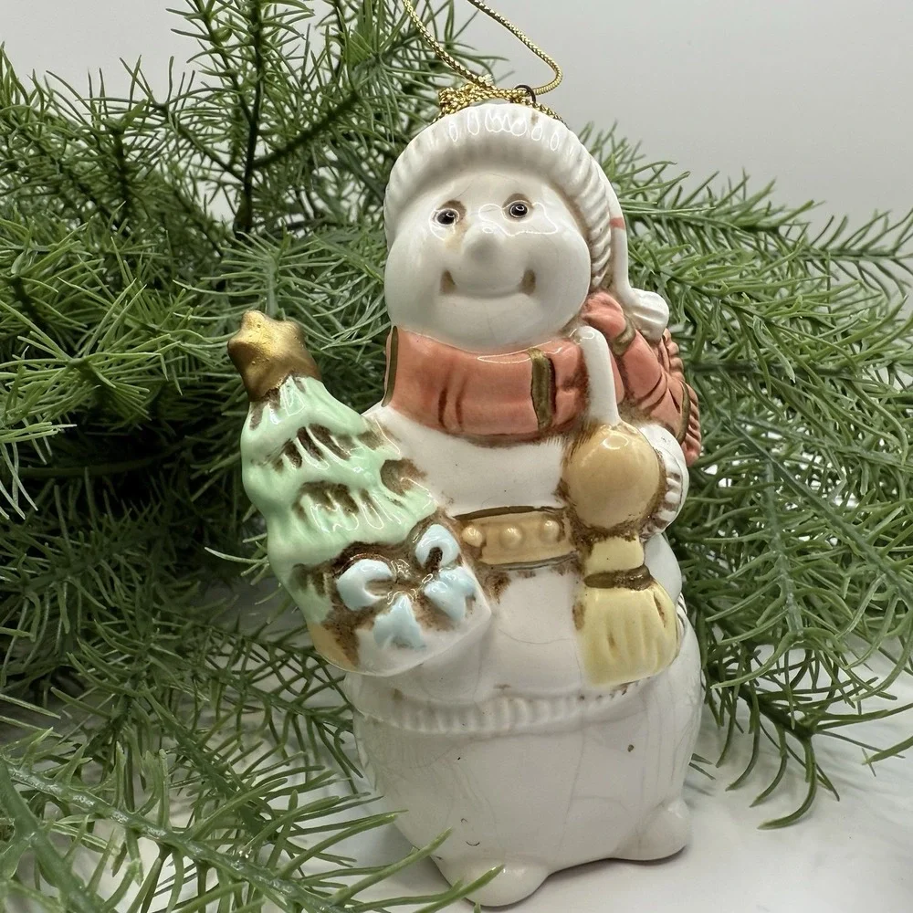 Vintage 1980s Hand Painted Ceramic‎ Ornaments Snowman & Bear w/ Trees